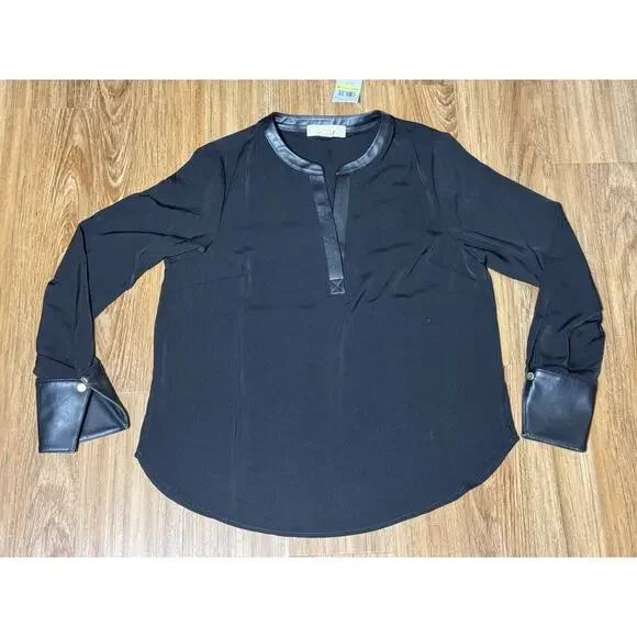 Michael Kors Black Blouse Faux Leather Neckline & Button Cuffs - Women's M - Picture 3 of 7